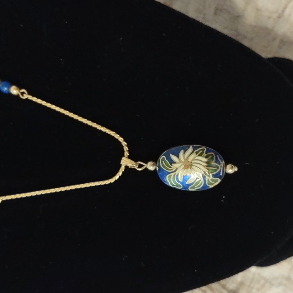 Vintage cloisonne necklace, blue, white & gold.